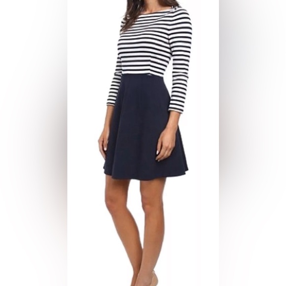 KATE SPADE Selma Striped Fit & Flare Ponte Dress Size 4 Navy  Pockets Easter - Picture 3 of 13